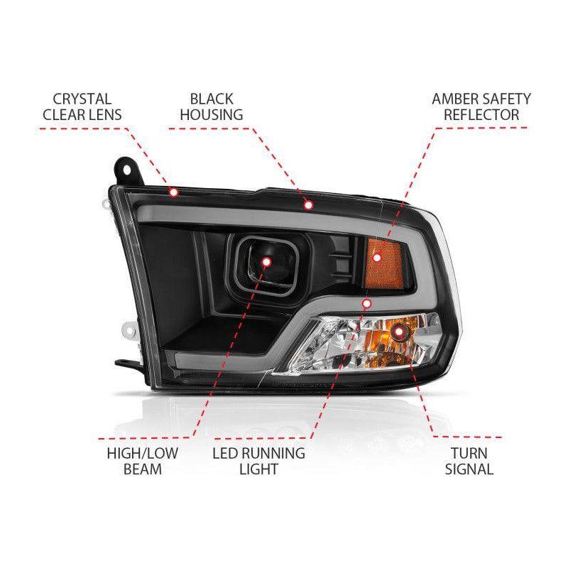 ANZO 111404 - ANZ111404 - ANZO 09-18 Dodge Ram 1500 Plank Style Projector Headlights Black w/ Halo - Shipped in Europe - Tuningsupply.com