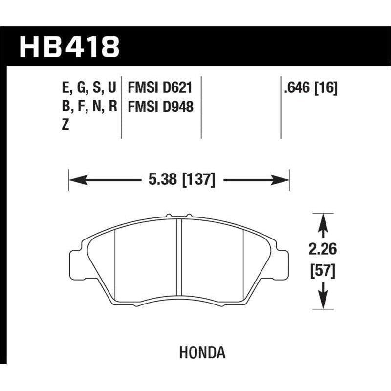 Hawk Performance KHB418G.646 - HAWKHB418G.646 - Hawk 02-06 RSX (non-S) Front / 03-11 Civic Hybrid / 04-05 Civic Si HP DTC-60 Front Race Brake Pads - Shipped in Europe - Tuningsupply.com