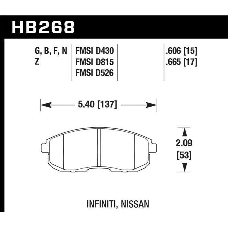 Hawk Performance KHB268F.665 - HAWKHB268F.665 - Hawk 03-04 G35/03-05 G35X/ 02-05 350z w/o Brembo HPS Street Front Brake Pads - Shipped in Europe - Tuningsupply.com