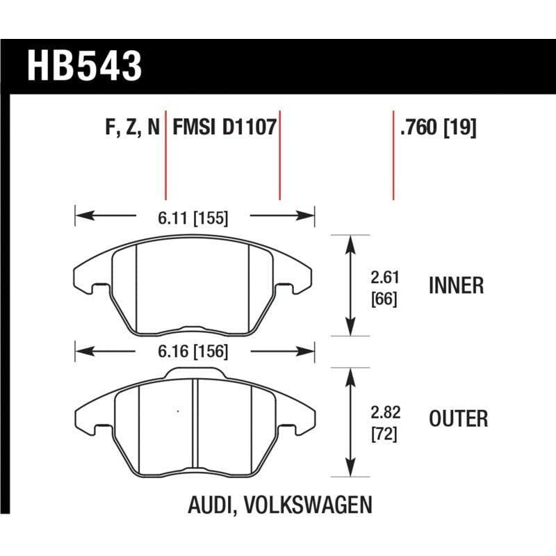 Hawk Performance KHB543Z.760 - HAWKHB543Z.760 - Hawk Audi A3 Quattro / VW EOS / Golf / Jetta / Passat / Rabbit Performance Ceramic Front Brake Pads - Shipped in Europe - Tuningsupply.com