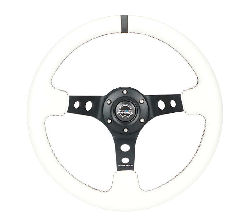 NRG RST-006BK-WT-B - NRGRST-006BK-WT-B - NRG Reinforced Steering Wheel (350mm/3in. Deep) White Leather w/Blk Spoke/Round Holes/White Stripes - Shipped in Europe - Tuningsupply.com
