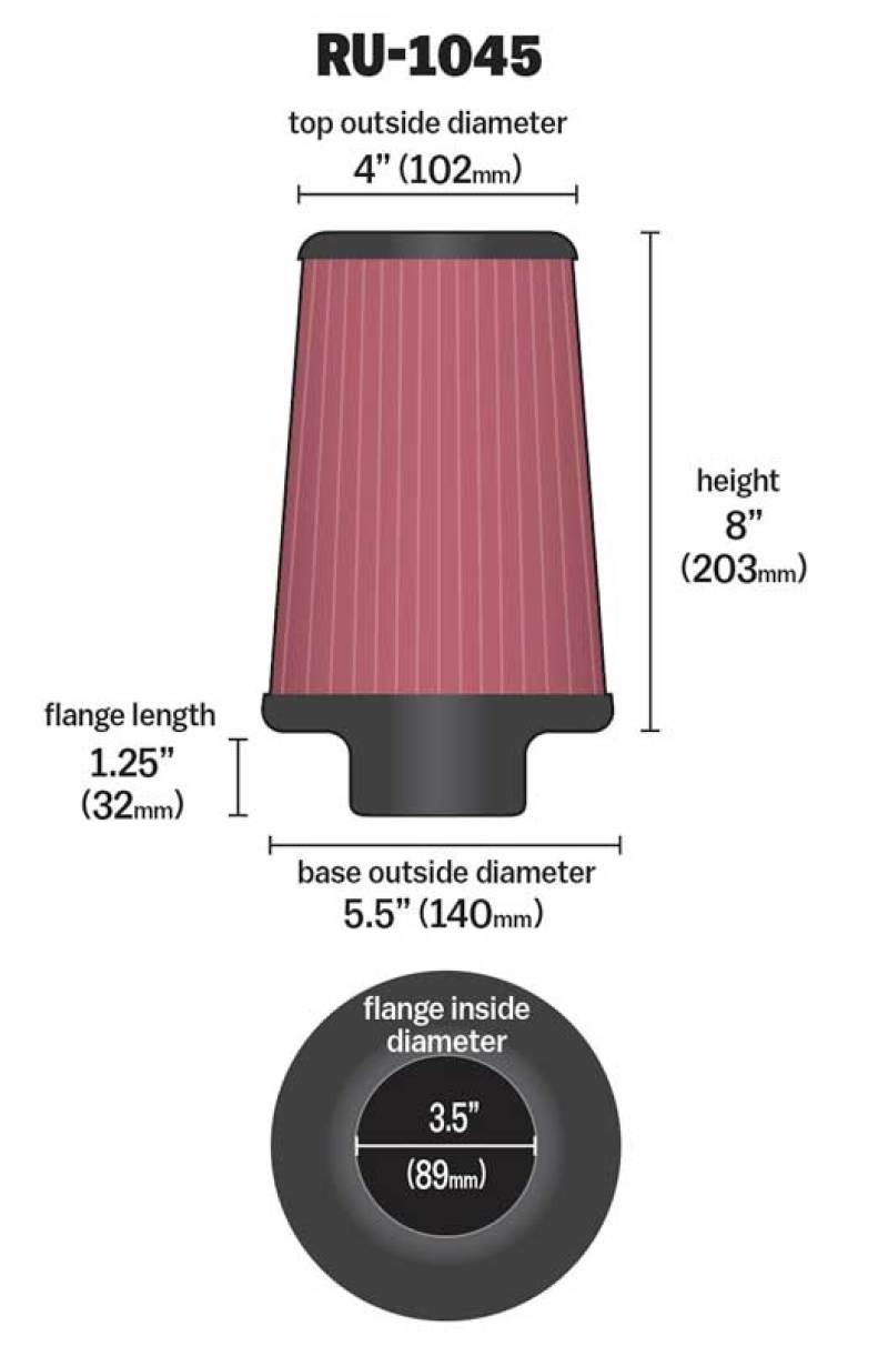 K&N Engineering RU-1045 - KNNRU-1045 - K&N Universal Tapered Filter 3.5in Flange ID x 5.5in Base OD x 4in Top OD x 8in Height - Shipped in Europe - Tuningsupply.com