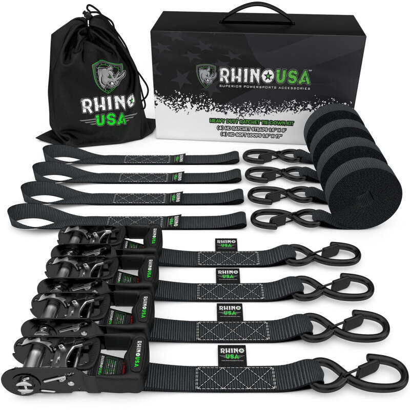 Rhino USA TD-GC1.6X15-BLK - RSATD-GC1.6X15-BLK - Rhino USA Heavy Duty Ratchet Tie-Down 4-Pack Black 1.6In X 15Ft - Shipped in Europe - Tuningsupply.com
