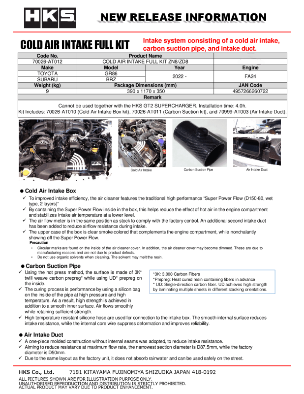 HKS 70026-AT012 - HKS70026-AT012 - HKS Subaru ZN8/ZD8 Cold Air Intake Full Kit - Shipped in Europe - Tuningsupply.com