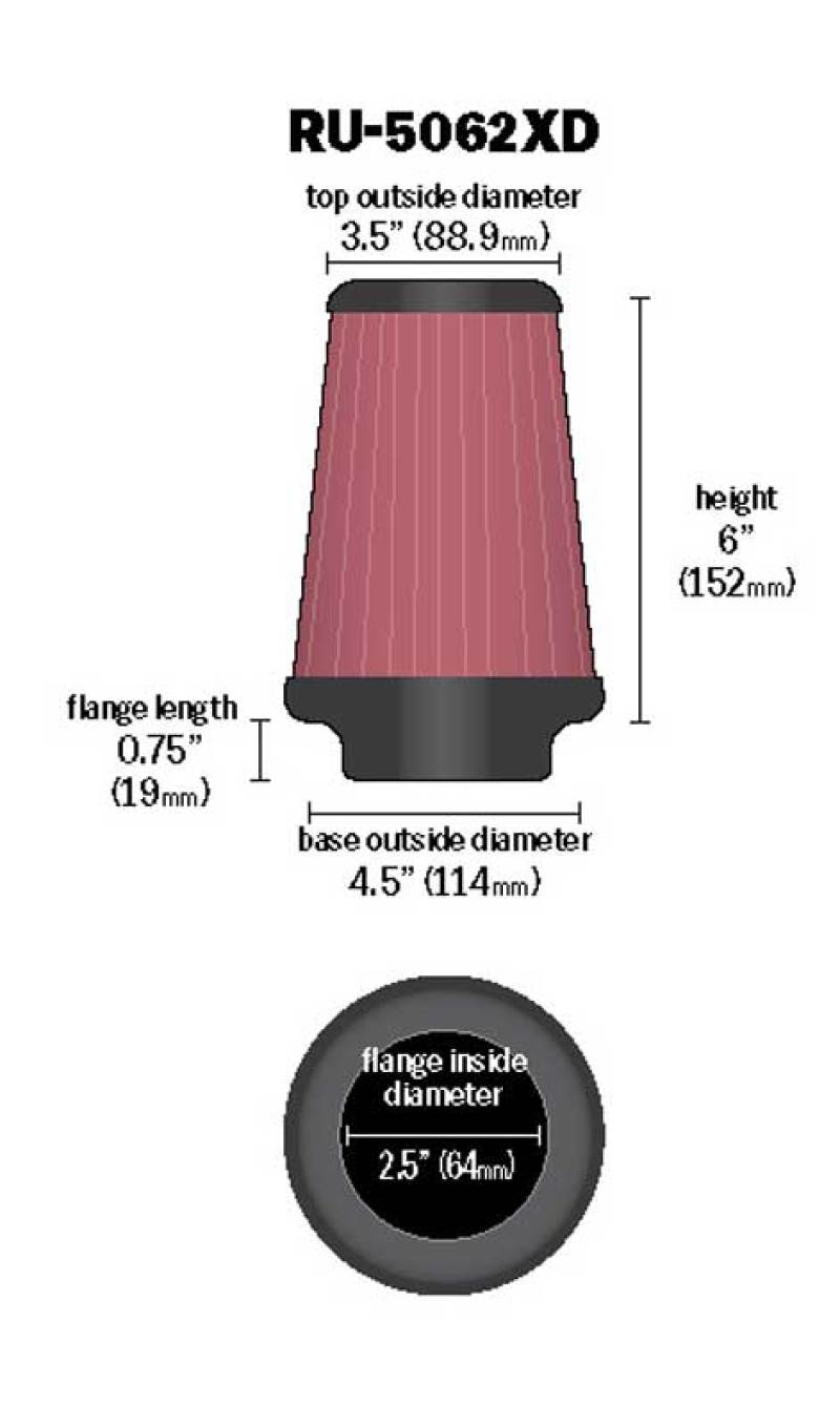 K&N Engineering RU-5062XD - KNNRU-5062XD - K&N Universal Rubber Filter 2-1/2in Flg / 4-1/2in OD B / 3-1/2in OD T / 6in H - Black Top - Shipped in Europe - Tuningsupply.com