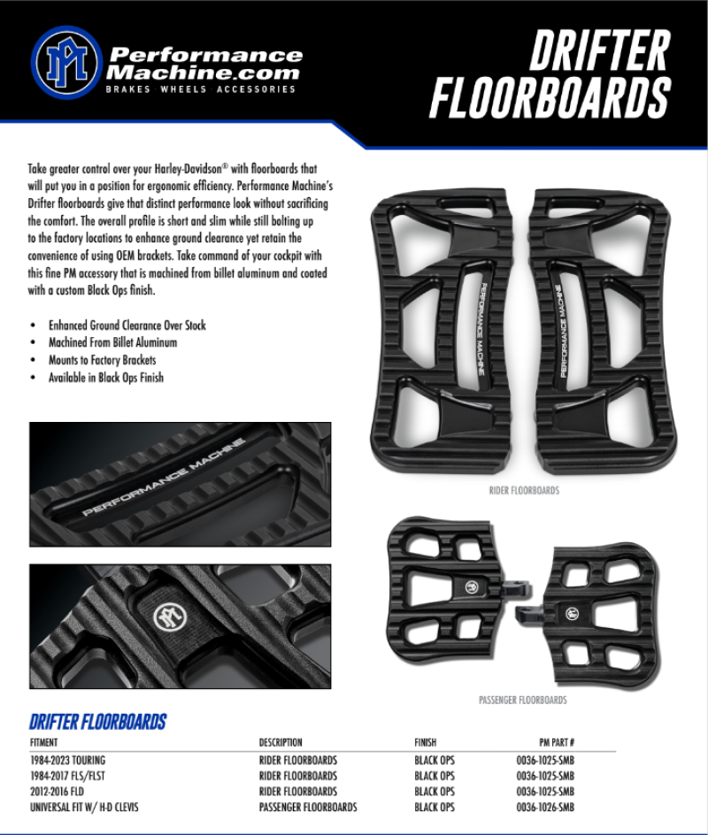 Performance Machine 0036-1025-SMB - PFM0036-1025-SMB - Performance Machine Floorboard Assembly Rider Drifter - Black Ops - Shipped in Europe - Tuningsupply.com