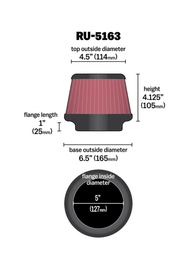 K&N Engineering RU-5163 - KNNRU-5163 - K&N Universal Rubber Filter 5in Flange ID x 6.5in Base OD x 4.5in Top OD x 4.125in Height - Shipped in Europe - Tuningsupply.com