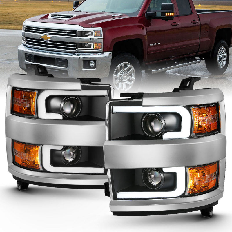 ANZO 111359 - ANZ111359 - ANZO 2015-2016 Chevrolet Silverado Projector Headlights w/ Plank Style Design Black w/ Amber - Shipped in Europe - Tuningsupply.com