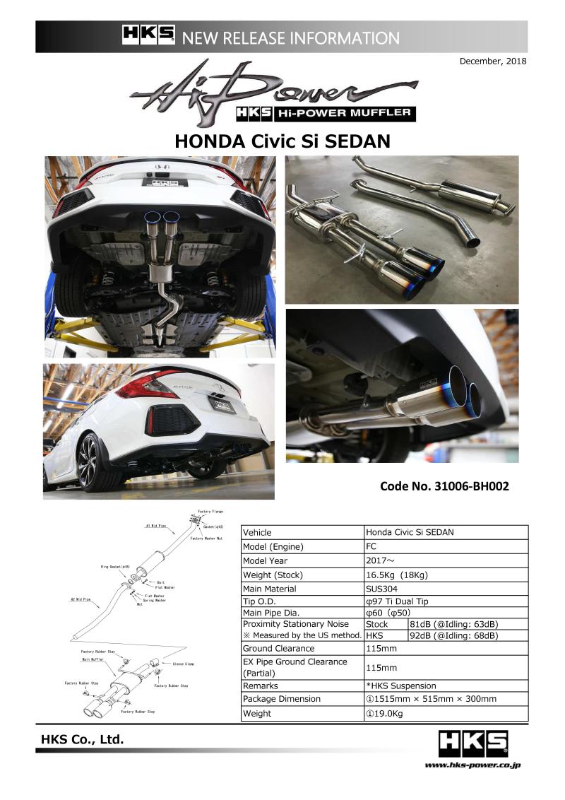HKS 31006-BH002 - HKS31006-BH002 - HKS 17+ Honda Civic Si Sedan (FC) Hi-Power Muffler Exhaust - Shipped in Europe - Tuningsupply.com