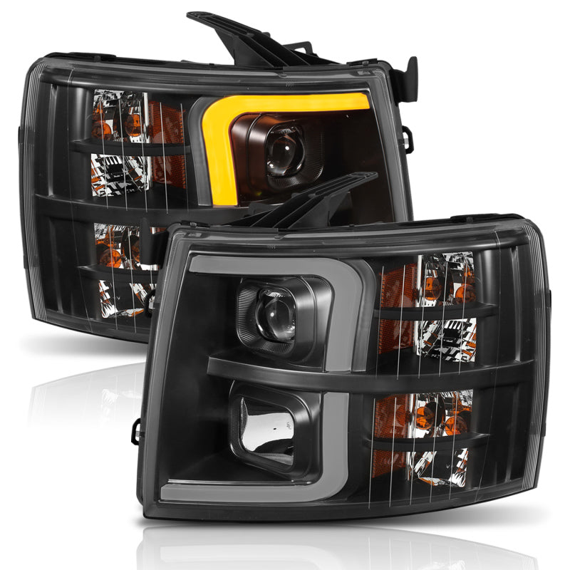 ANZO 111410 - ANZ111410 - ANZO 07-13 Chevrolet Silverado 1500 Plank Style Projector Headlights Black w/ Amber - Shipped in Europe - Tuningsupply.com