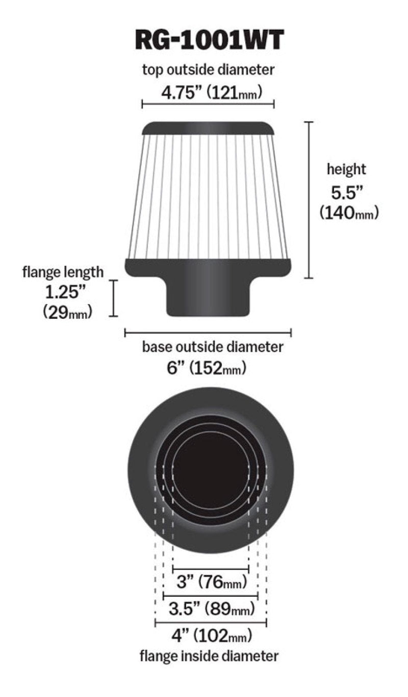 K&N Engineering RG-1001WT - KNNRG-1001WT - K&N Universal Filter Chrome Round Tapered White - 4in Flange ID x 1.125in Flange Length x 5.5in H - Shipped in Europe - Tuningsupply.com