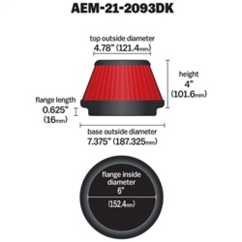 AEM Induction 21-2093DK - AEM21-2093DK - AEM 6 in x 4 in Dryflow Tapered Conical Air Filter - Shipped in Europe - Tuningsupply.com