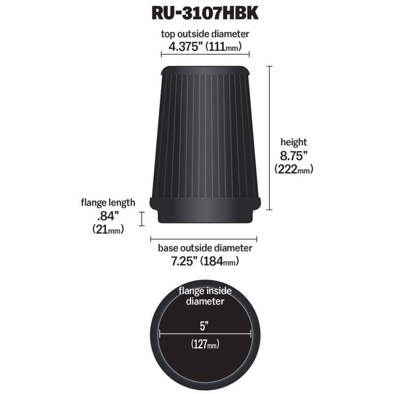 K&N Engineering RU-3107HBK - KNNRU-3107HBK - K&N Universal Air Filter (5in Flange / 6-1/2in Base / 4-3/8in Top OD / 8-3/4in Height) - Shipped in Europe - Tuningsupply.com