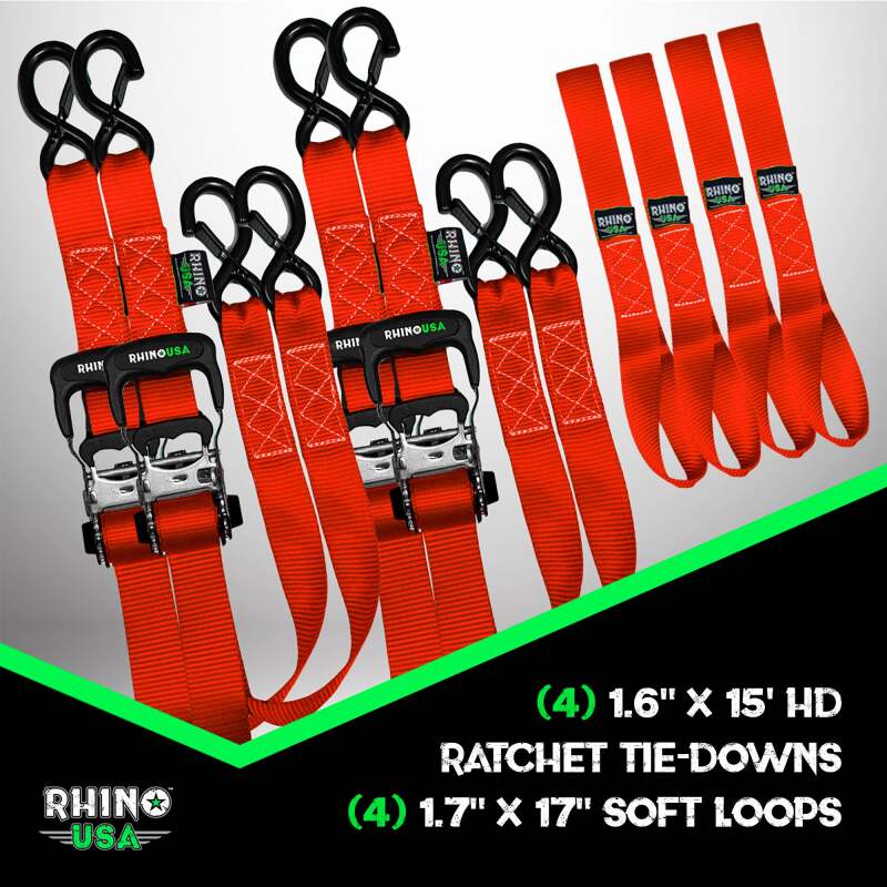 Rhino USA TD-GC1.6X15-RED - RSATD-GC1.6X15-RED - Rhino USA Heavy Duty Ratchet Tie-Down 4-Pack Red 1.6In X 15Ft - Shipped in Europe - Tuningsupply.com