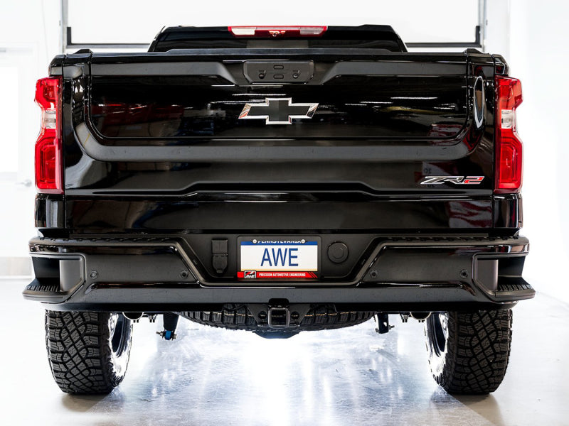 AWE Tuning 3015-31972 - AWE3015-31972 - AWE Tuning 22-23 GMC Sierra 1500 AT4X 6.2L 0FG Catback Split Dual (Flat Bumper) - Bashguard(No Tips) - Shipped in Europe - Tuningsupply.com