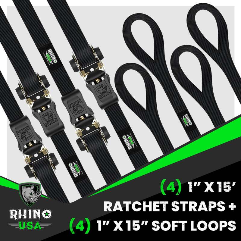 Rhino USA GMG-R1-4PACK - RSAGMG-R1-4PACK - Rhino USA Medium Duty Ratchet Strap Tie-Down 4-Pack (Black) - Shipped in Europe - Tuningsupply.com