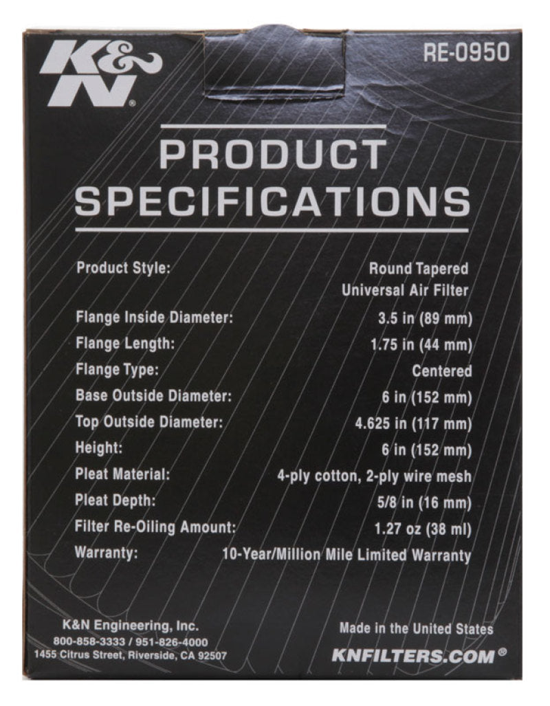 K&N Engineering RE-0950 - KNNRE-0950 - K&N Universal Rubber Filter 3 1/2inch ID FLG / 6inch Base / 4-5/8inch Top / 6inch Height - Shipped in Europe - Tuningsupply.com