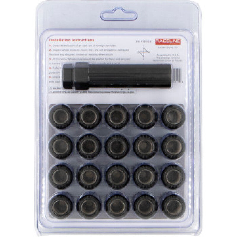 Raceline RLUG-CS25B - RCLRLUG-CS25B - Raceline Spline Lug Nut Kit with Spline Key 12 x 1.5 - 20 Pack - Black - Shipped in Europe - Tuningsupply.com