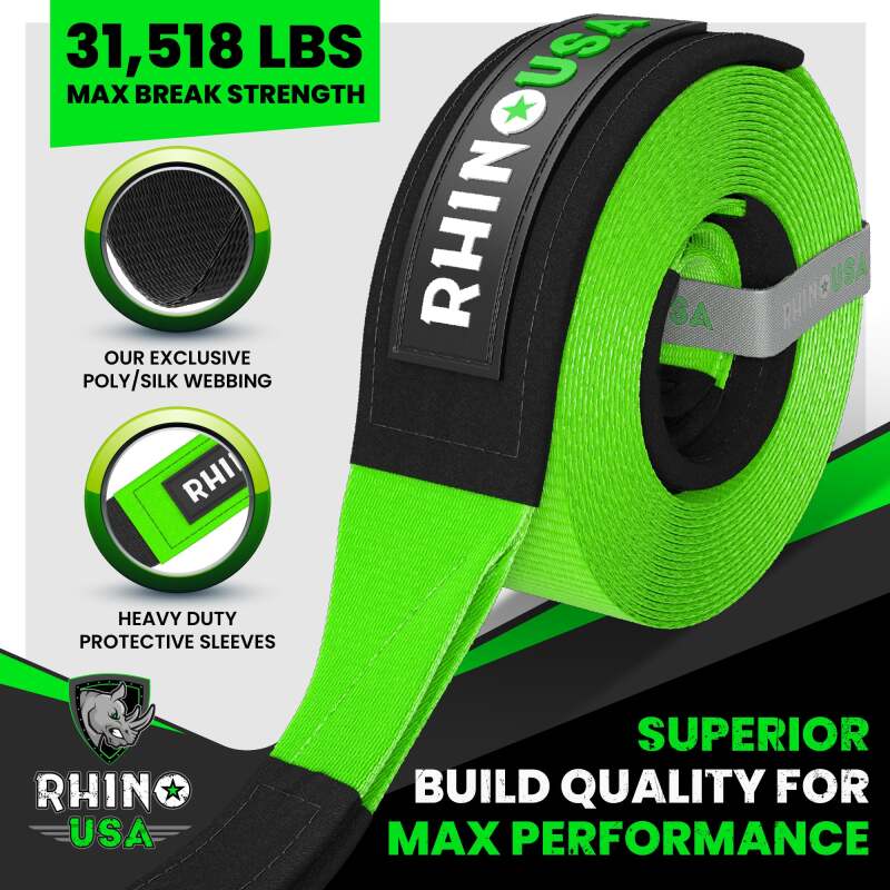 Rhino USA RG-TS3X20-GRN - RSARG-TS3X20-GRN - Rhino USA Recovery Tow Strap 3Inx20Ft (Green) - Shipped in Europe - Tuningsupply.com