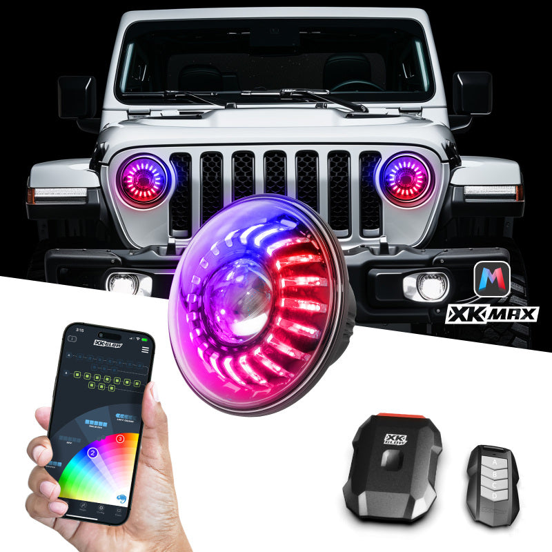 XKGLOW MX-7IN-JP-KIT - XKGMX-7IN-JP-KIT - XK Glow 07-18 Jeep Wrangler JK 7in Headlight XKmax RGBW LED 2pc XKchrome Bluetooth App Cntl Kit - Shipped in Europe - Tuningsupply.com
