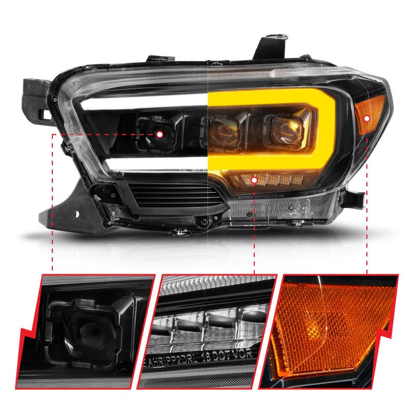ANZO 111563 - ANZ111563 - ANZO 16-22 Toyota Tacoma LED Projector Headlights w/ Light Bar Sequential Black Housing w/Initiation - Shipped in Europe - Tuningsupply.com
