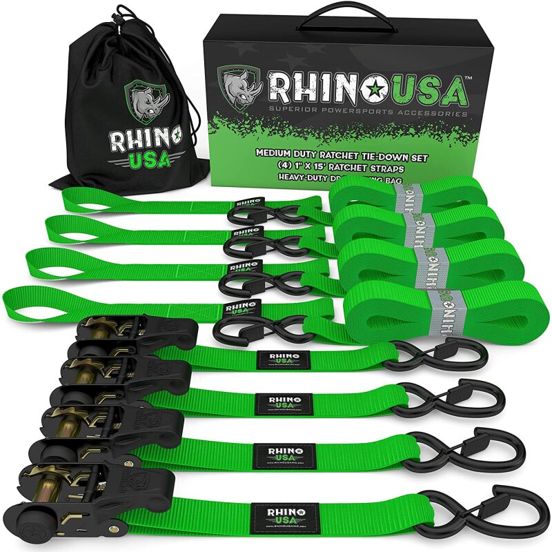 Rhino USA RCHT-4PACK-GRN - RSARCHT-4PACK-GRN - Rhino USA Medium Duty Ratchet Strap Tie-Down 4-Pack (Green) - Shipped in Europe - Tuningsupply.com