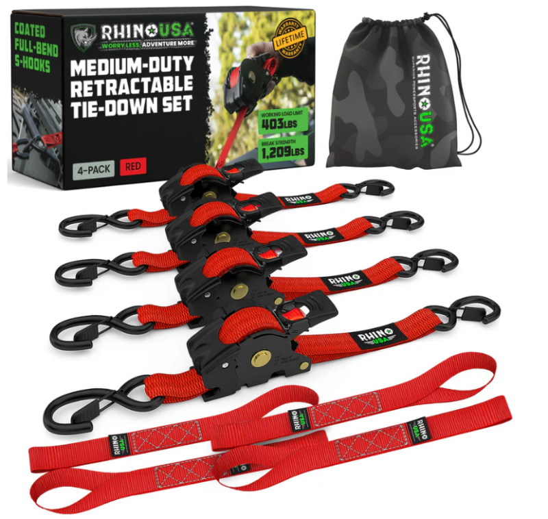 Rhino USA TD-RSRE1X10-RED-R - RSATD-RSRE1X10-RED-R - Rhino USA Retractable Ratchet Straps (4Pk 1Inx10Ft) (Red) - Shipped in Europe - Tuningsupply.com