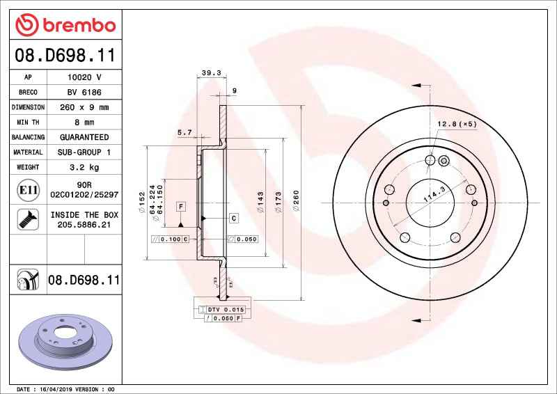 Brembo OE 08.D698.11 - BRE08.D698.11 - Brembo OE 16-24 Honda Civic/19-22 Insight UV Coated Brake Disc - Rear - Shipped in Europe - Tuningsupply.com