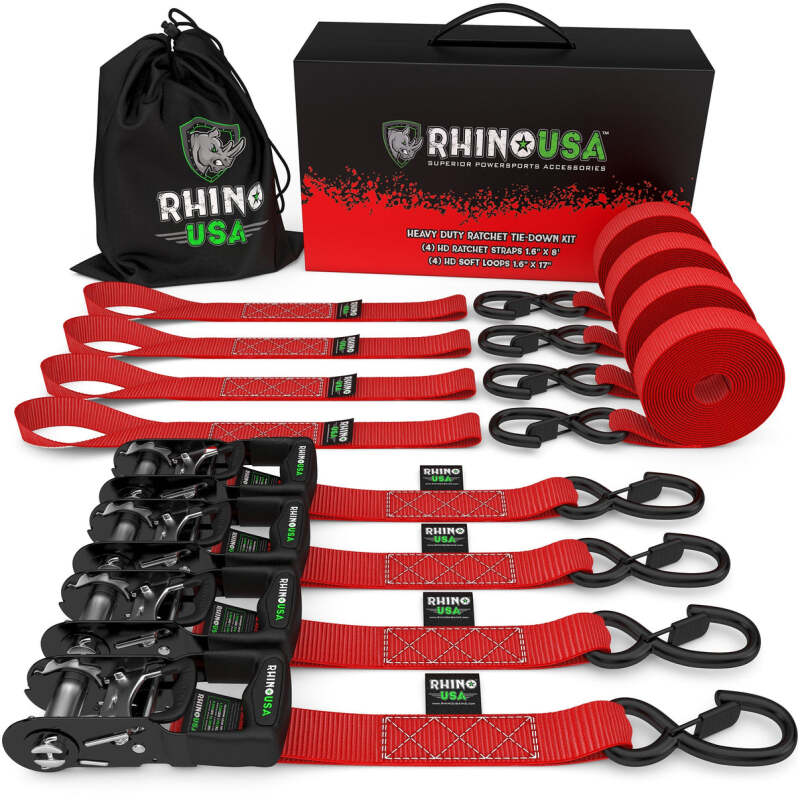 Rhino USA TD-GC1.6X15-RED - RSATD-GC1.6X15-RED - Rhino USA Heavy Duty Ratchet Tie-Down 4-Pack Red 1.6In X 15Ft - Shipped in Europe - Tuningsupply.com