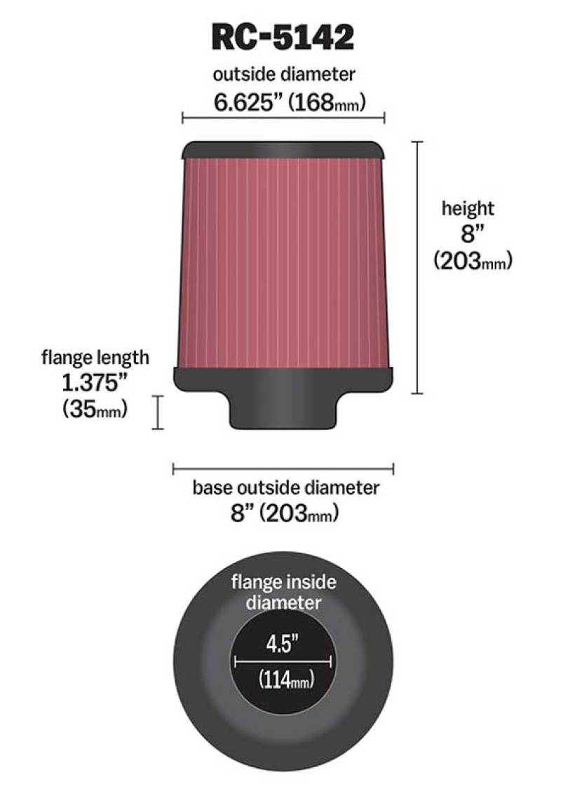 K&N Engineering RC-5142 - KNNRC-5142 - K&N Universal Clamp-On Air Filter inch FLG 4.5inch Base 4 inch Top 4-1/2in FLG 8in Base - Shipped in Europe - Tuningsupply.com