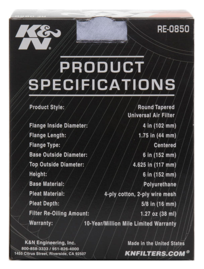 K&N Engineering RE-0850 - KNNRE-0850 - K&N Universal Air Filter (4in. Flange / 6in. Base OD / 4-5/8in. Top OD / 6in. Height) - Shipped in Europe - Tuningsupply.com