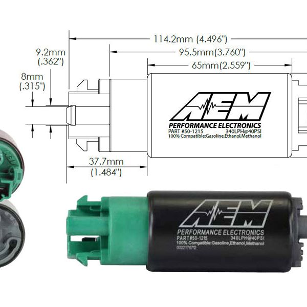 AEM 50-1215 - AEM50-1215 - AEM 340LPH 65mm Fuel Pump Kit w/ Mounting Hooks - Ethanol Compatible - Shipped in Europe - Tuningsupply.com
