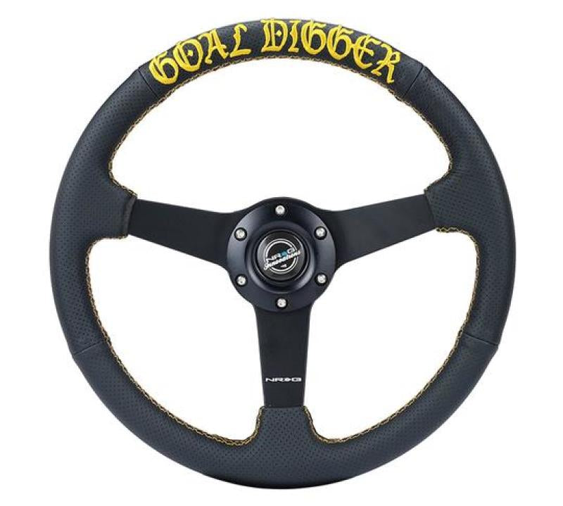 NRG RST-037MB-PR-GD - NRGRST-037MB-PR-GD - NRG Sport Steering Wheel (350mm / 1.5in Deep) Black Leather/Gold Stitch w/Matte Black Solid Spokes - Shipped in Europe - Tuningsupply.com