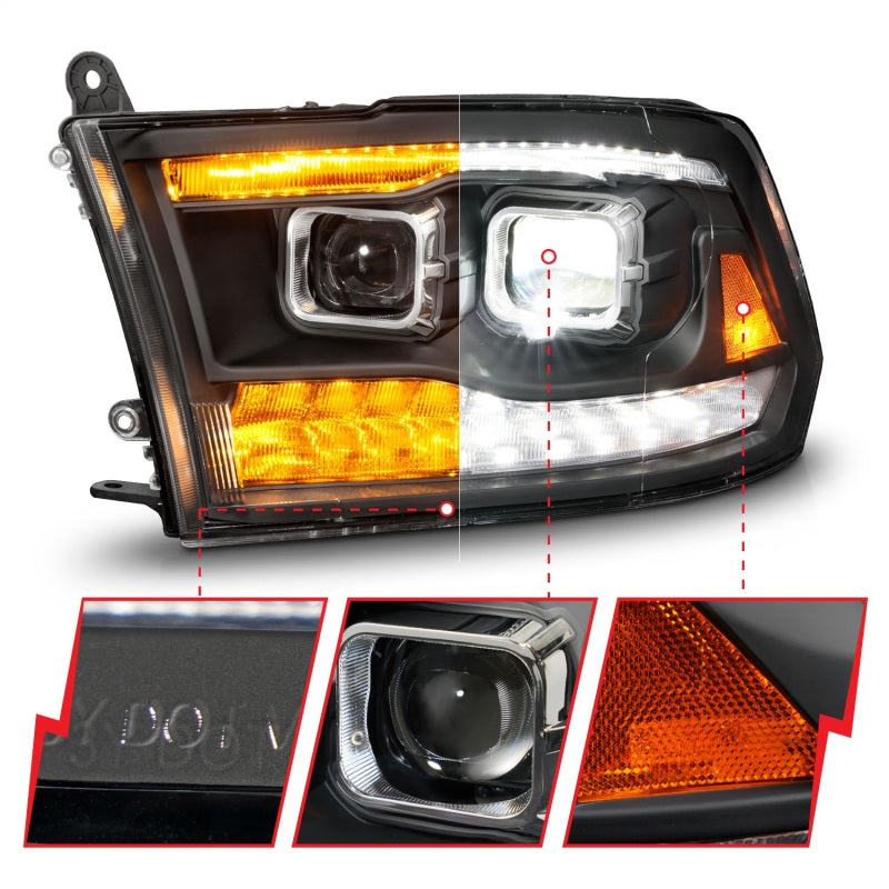 ANZO 111595 - ANZ111595 - ANZO 09-18 Dodge Ram 1500/2500/3500 Full LED Proj Headlights w/Switchback Light Bar - Black - Shipped in Europe - Tuningsupply.com