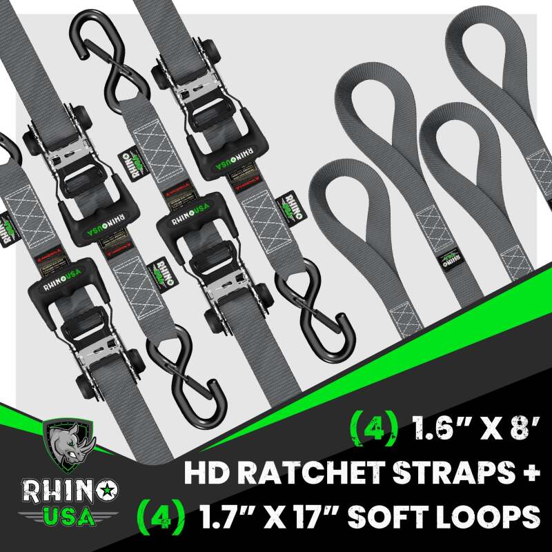 Rhino USA HDKIT-4PK-GRY - RSAHDKIT-4PK-GRY - Rhino USA Heavy Duty Ratchet Tie-Down 4-Pack (Gray) 1.6In X 8Ft - Shipped in Europe - Tuningsupply.com