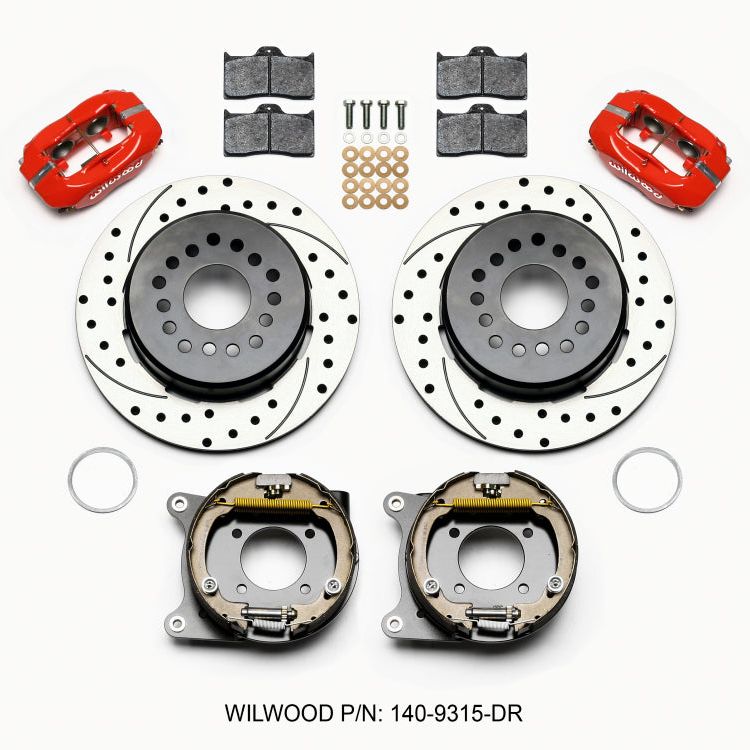 Wilwood 140-9315-DR - WIL140-9315-DR - Wilwood Forged Dynalite P/S Park Brake Kit Drilled Red 12 Bolt 2.75in offset Staggered Shock - Shipped in Europe - Tuningsupply.com