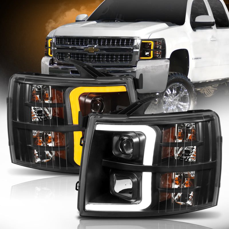 ANZO 111410 - ANZ111410 - ANZO 07-13 Chevrolet Silverado 1500 Plank Style Projector Headlights Black w/ Amber - Shipped in Europe - Tuningsupply.com