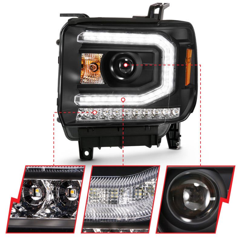ANZO 111485 - ANZ111485 - ANZO 2016-2019 GMC Sierra 1500 Projector Headlight Plank Style Black w/ Sequential Amber Signal - Shipped in Europe - Tuningsupply.com