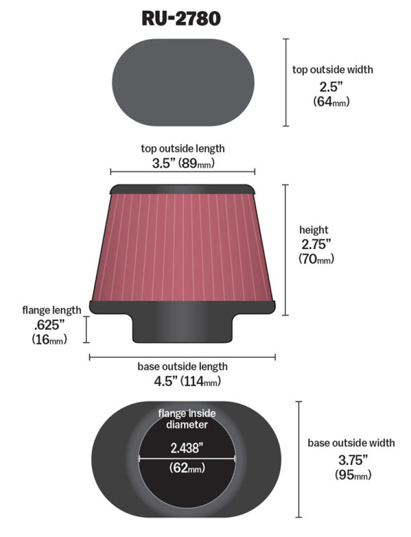 K&N Engineering RU-2780 - KNNRU-2780 - K&N Filter Universal Rubber Filter 2 7/16 inch Flange 4.5x3.75 inch Base 3.5x2.5 inch Top 2.75 inch - Shipped in Europe - Tuningsupply.com