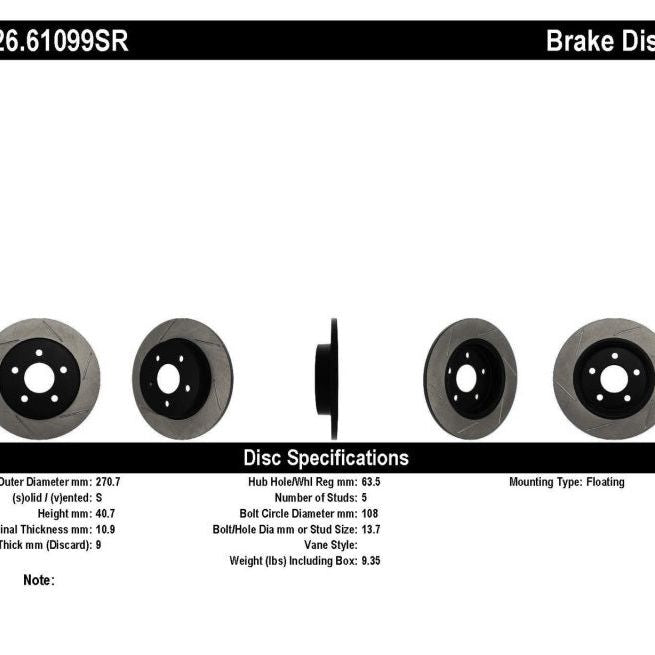 Stoptech 126.61099SR - STO126.61099SR - StopTech 13 Ford Focus ST Slotted Right Rear Rotor - Shipped in Europe - Tuningsupply.com