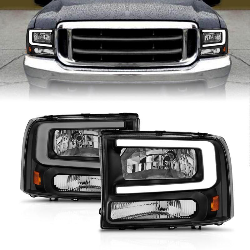 ANZO 111549 - ANZ111549 - ANZO 99-04 Ford F250/F350/F450/Excursion (excl. 99) Crystal Headlights - w/ Light Bar Black Housing - Shipped in Europe - Tuningsupply.com