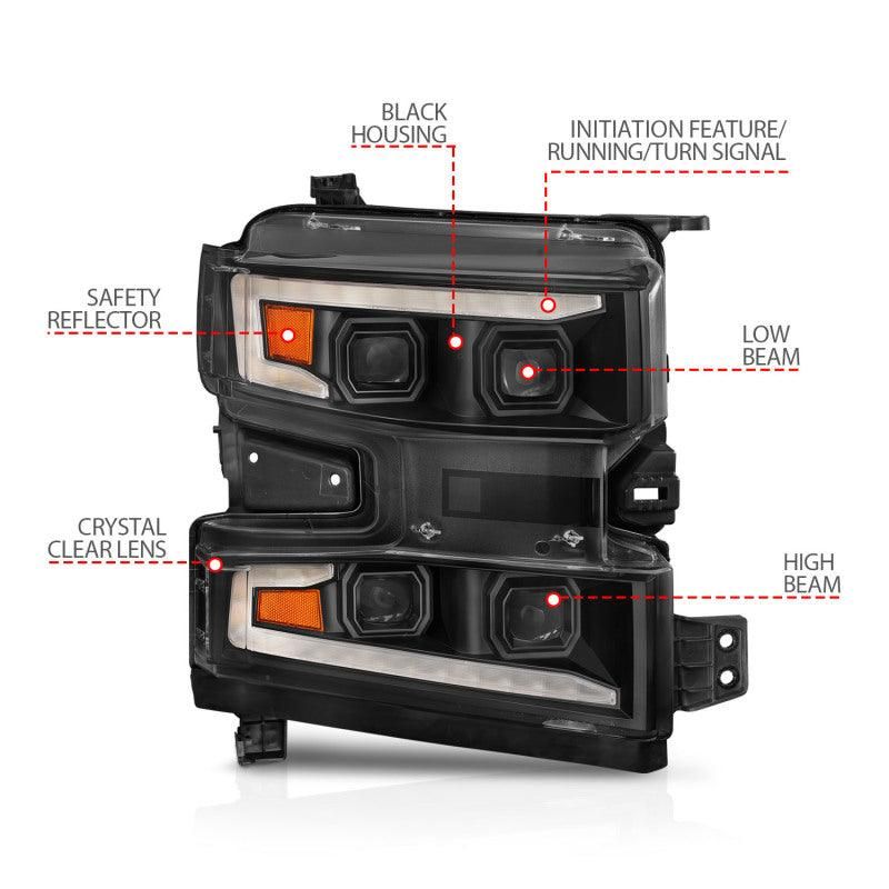 ANZO 111566-R - ANZ111566-R - ANZO 19-22 Chevrolet Silverado 1500 LED Proj HL w/Lgt Bar SwBk Seq. Blk w/In. Light - Passenger Side - Shipped in Europe - Tuningsupply.com