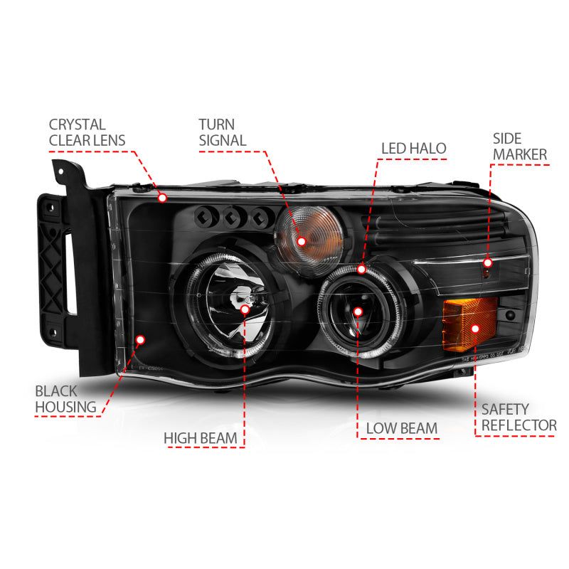 ANZO 111490 - ANZ111490 - ANZO 2002-2005 Dodge Ram 1500 Projector Headlights w/ Halo Black Clear Amber - Shipped in Europe - Tuningsupply.com