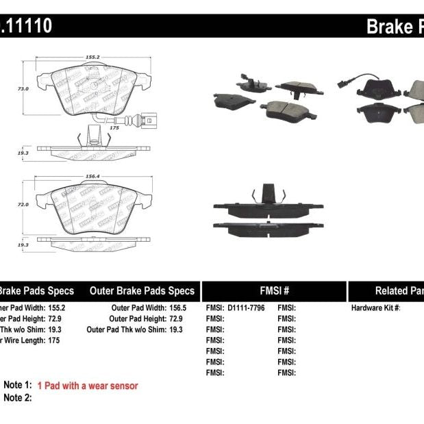 Stoptech 309.11110 - STO309.11110 - StopTech Performance 08-13 Audi TT Quattro / 12 VW Golf R Front Brake Pads - Shipped in Europe - Tuningsupply.com