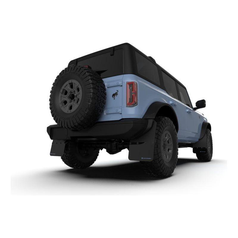 Rally Armor MF85-RR-PL-COR - RALMF85-RR-PL-COR - Rally Armor 21-25 Ford Bronco (Plstc Bmpr + RR - NO Rptr/Sprt) Blk Mud Flap w/Cy Orange Logo - Shipped in Europe - Tuningsupply.com