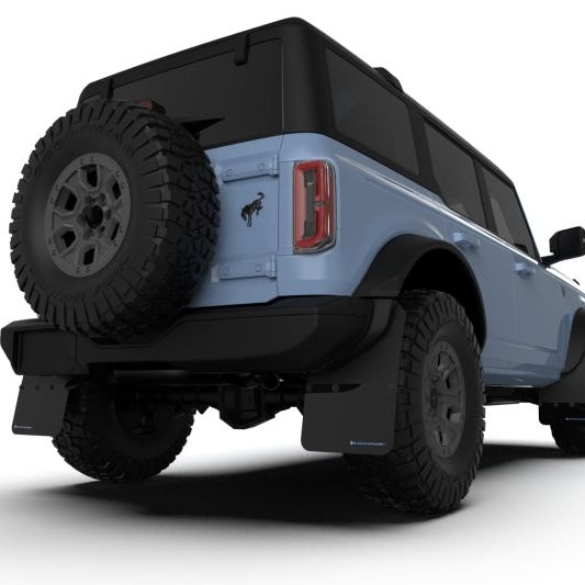 Rally Armor MF85-RR-ST-MBK - RALMF85-RR-ST-MBK - Rally Armor 21-25 Ford Bronco (Steel Bmpr + RR - NO Rptr/Sprt) Blk Mud Flap w/Met. Blk Logo - Shipped in Europe - Tuningsupply.com