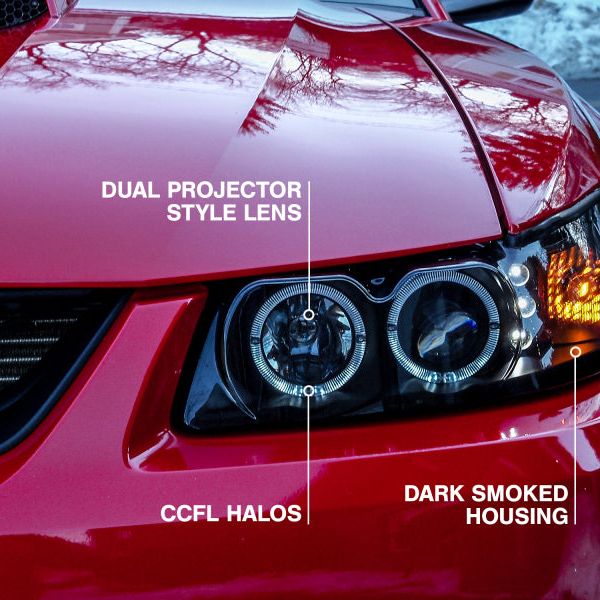 Raxiom 49113 - RAX49113 - Raxiom 99-04 Ford Mustang Dual LED Halo Projector Headlights- Black Housing (Smoked Lens) - Shipped in Europe - Tuningsupply.com