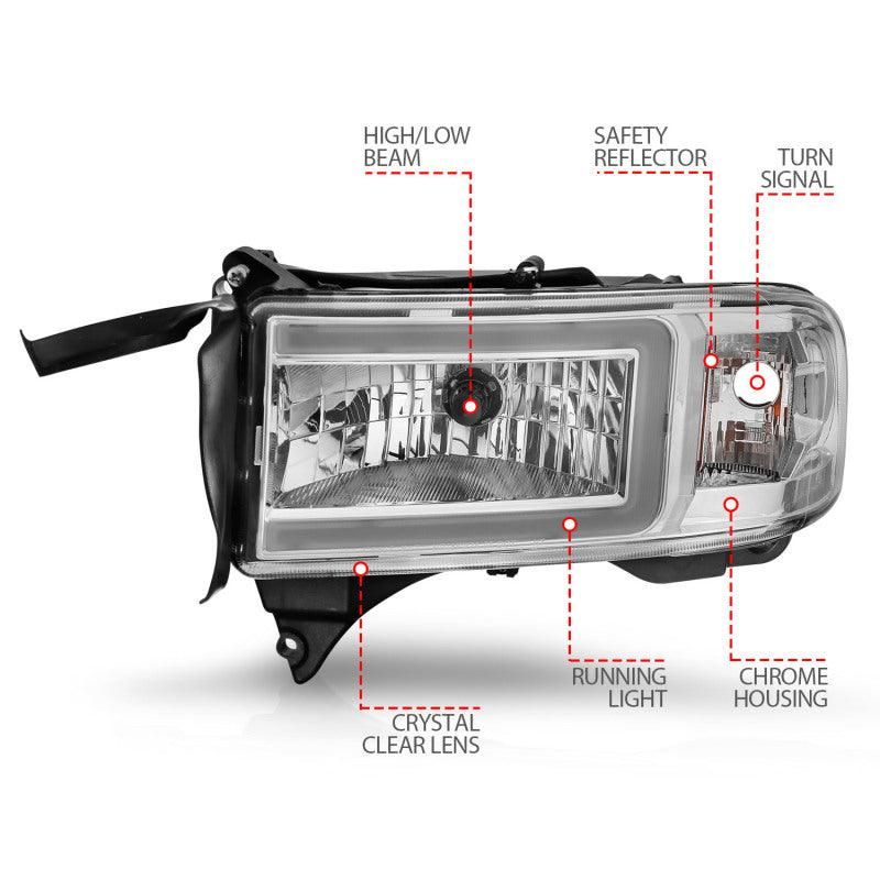 ANZO 111555 - ANZ111555 - ANZO 94-02 Dodge RAM Crystal Headlight - w/ Light Bar Chrome Housing - Shipped in Europe - Tuningsupply.com