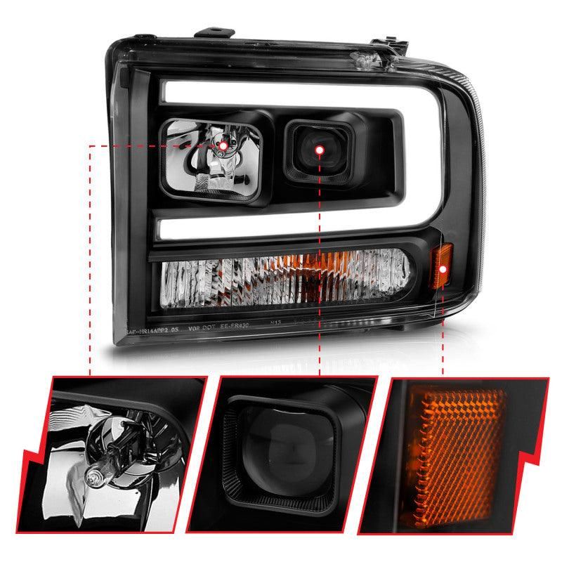 ANZO 111551 - ANZ111551 - ANZO 99-04 Ford F250/F350/F450/Excursion (excl 99) Projector Headlights - w/ Light Bar Black Housing - Shipped in Europe - Tuningsupply.com