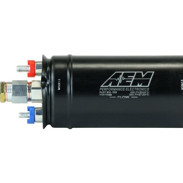 AEM 50-1009 - AEM50-1009 - AEM 400LPH High Pressure Inline Fuel Pump - M18x1.5 Female Inlet to M12x1.5 Male Outlet - Shipped in Europe - Tuningsupply.com